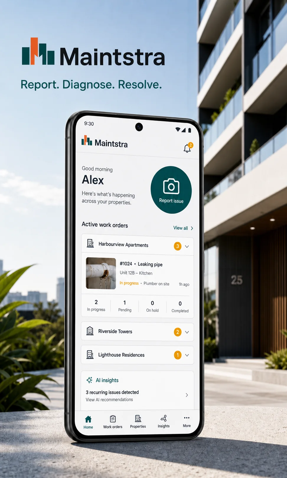 Maintstra mobile dashboard grouping active work orders by building