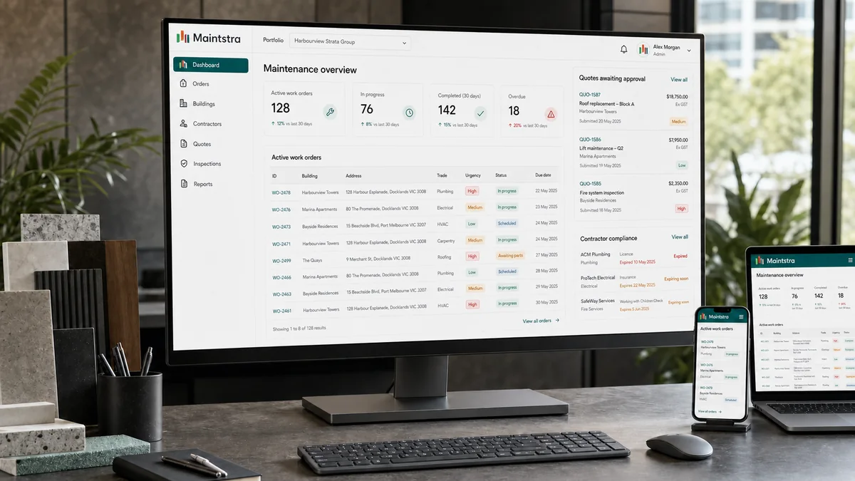 Maintstra web management dashboard on a laptop